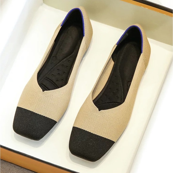 New tan and black color block square toe knit slip on flats size 8.5 - Picture 1 of 13